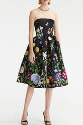 Robe mi-longue évasée sans bretelles à imprimé floral vintage - Noir